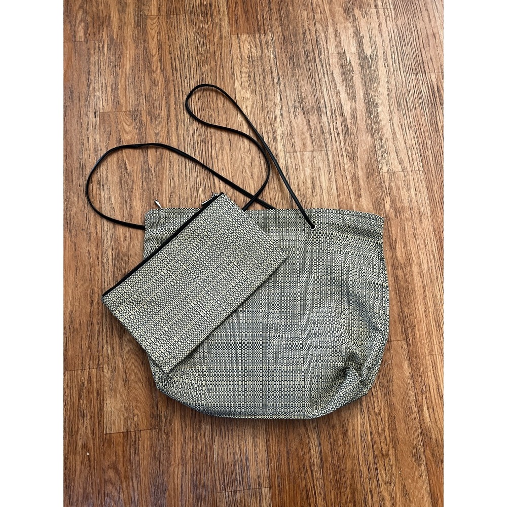 Chilewich Woven Black Cream Tote Bag Neutral Leather Straps Minimalist Luxury